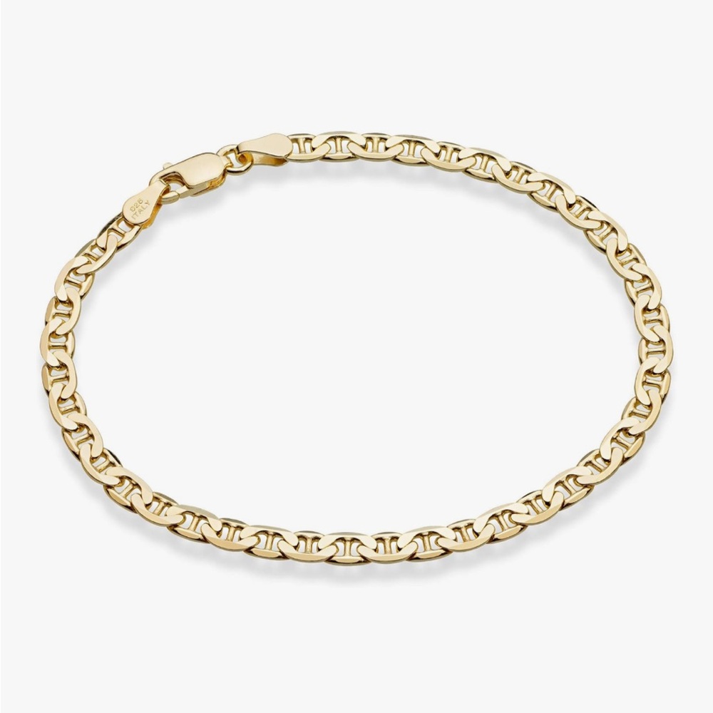 Italian Solid 925 Sterling Silver - 18K Gold 3mm Mariner Link Chain Bracelet